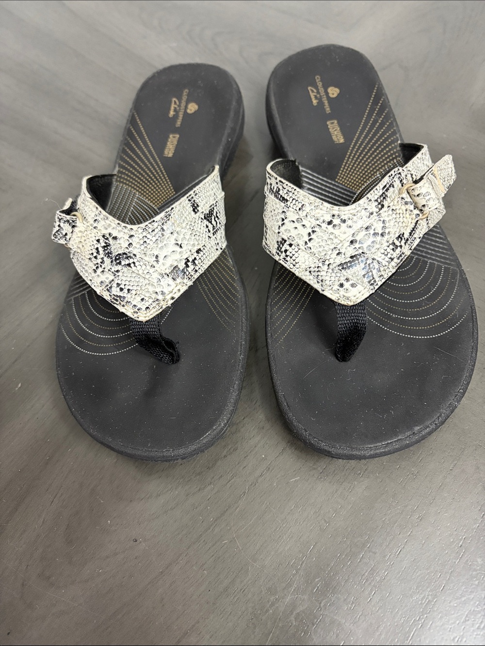 Clarks Black Sandal with White Snake Print Strap